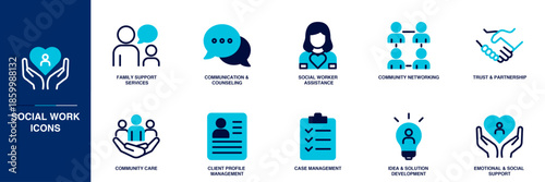 Social Work Blue Colored Outline Icon Set
