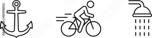 Lifestyle and travel line icon set featuring a nautical anchor, a person riding a bicycle for fitness, and a shower head amenity symbol.