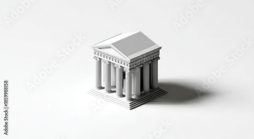 White Neoclassical Building Model with Columns and Steps, Isolated on Bright Background.
