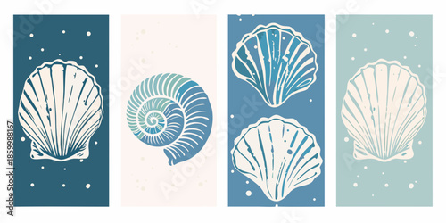 Stylized seashell illustrations in blue and white arranged in a vertical pattern