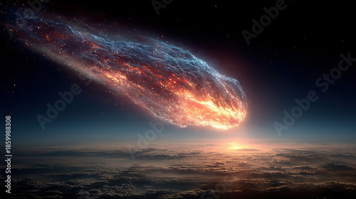 An asteroid or meteor descending towards Earth with glowing fiery trail.