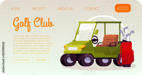 Golf club vector landing page advertising design, small car cart with golf equipment, clubs bag, sport leisure activity