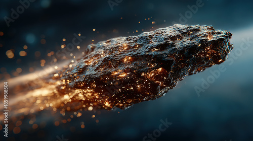 A fiery meteor streaks through the dark sky, leaving a glowing trail.