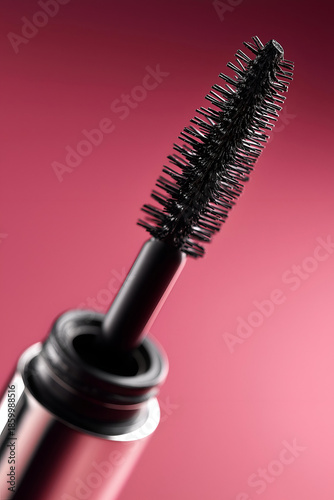 Close-up image of a mascara wand against a pink background, ideal for beauty and makeup promotional content.