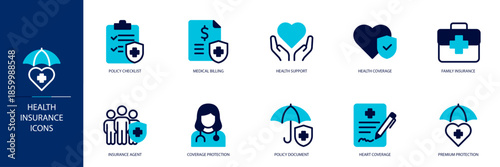 Health Insurance Blue Colored Outline Icon Set