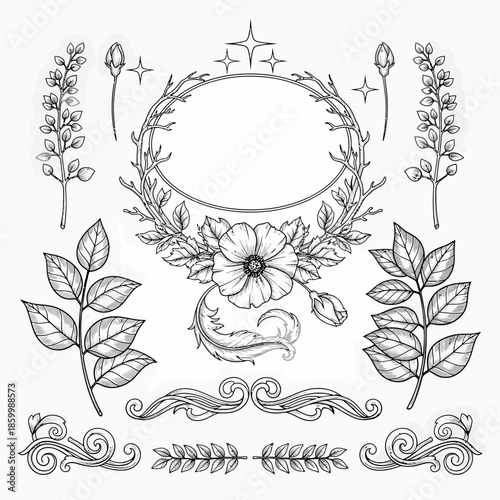 Floral wreath with leaves and flowers.
