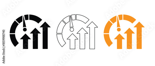 Rising performance icon set with speedometer and upward arrows indicating business growth and speed vector set