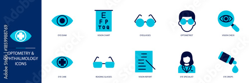 Optometry and Ophthalmology Blue Colored Outline Icon Set