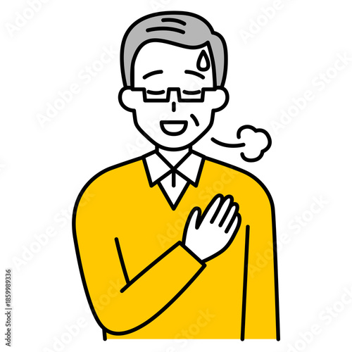 胸に手を当ててホッとする年配の男性