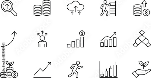 Business growth and personal success line icon set featuring progress charts, financial scaling, career advancement ladder, cloud data growth, performance metrics, and investment success.