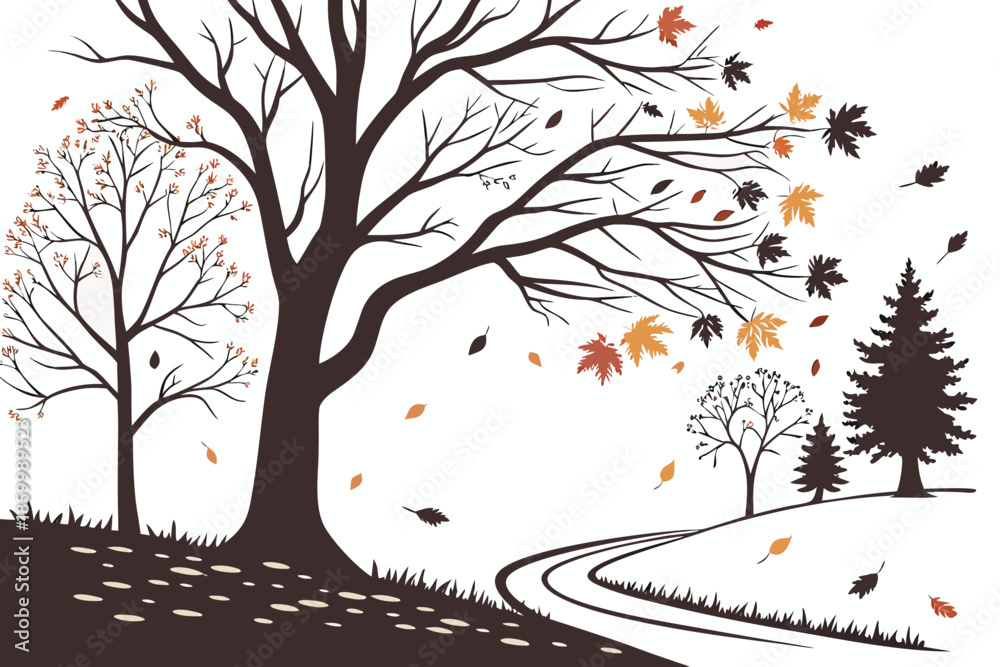 Obraz premium Autumn Forest Path Silhouette Vector