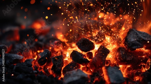 A dramatic macro shot of glowing coals scattering sparks upward, smoke swirling in volumetric haze, sharp ultra-detailed textures capturing