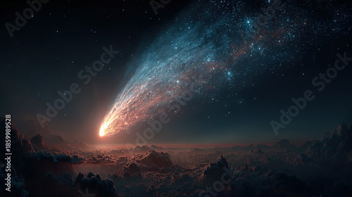 A bright comet streaking across a starry night sky and clouds below.