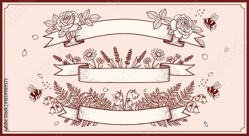 Vintage floral ribbon banner design elements.