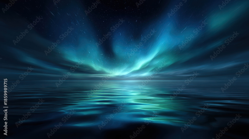 Fototapeta premium Tranquil Cosmic Horizon Reflecting Aurora Lights Over Still Water at Dusk with Stars in a Mystical Night Sky