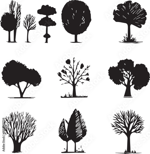 Tree silhouette set natural forest botanical shapes isolated design on white background 