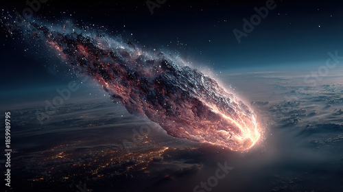 A massive meteorite impacting Earth with a fiery explosion in space.
