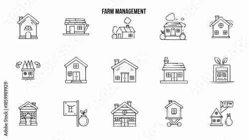 Collection of Farm Management Icons Representing Rural Buildings.