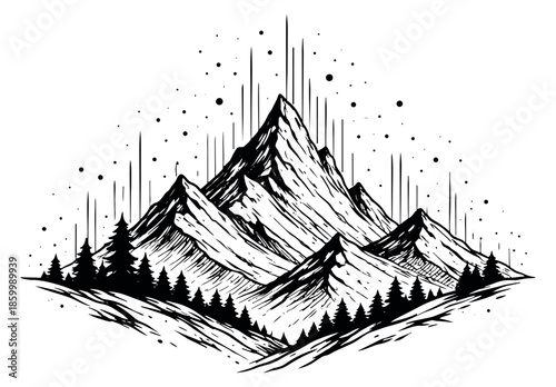 Hand drawn line art illustration of a mountain landscape with pine trees depicting a rugged wilderness scene for outdoor adventure and nature-themed designs