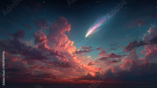 A bright comet and shooting star streak across a colorful, cloud-filled night sky.