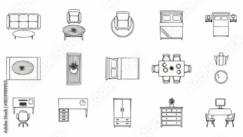 Collection of furniture and home decor items in top view.