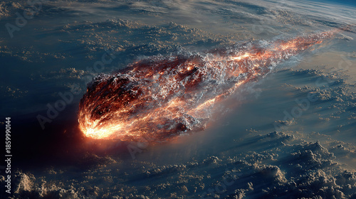 A meteor entering Earth's atmosphere with a fiery trail and bright explosion.