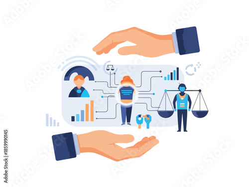 Digital data protection and ethical AI concept with hands safeguarding user information and legal compliance.