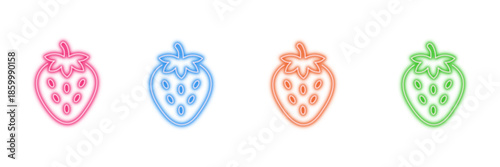 Neon glowing strawberry vector icons set, fruit, berry, food, sweet, healthy, dessert, vibrant, colorful, digital design illustration on transparent background.