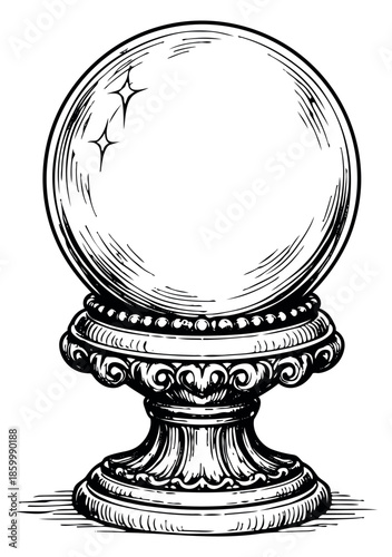 Hand drawn line art illustration of a crystal ball depicting magic for fortune telling