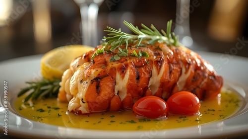 Juicy Grilled Lobster Tail with Butter Sauce and Fresh Herbs in Elegant Restaurant Food Presentation