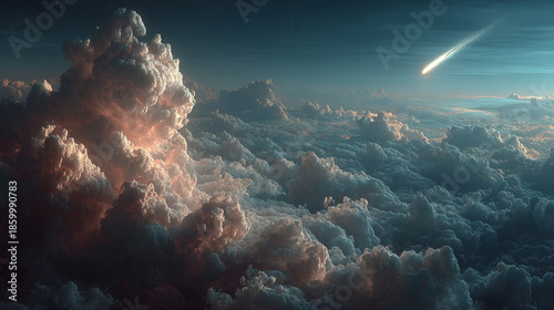Cloudscape with a meteor and starry sky, viewed from above the clouds.