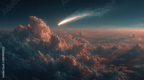 Space scene with a bright comet streaking over clouds at sunset or sunrise.