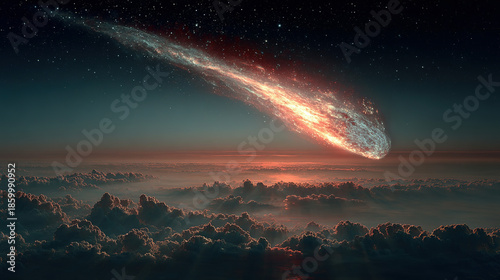 A bright meteor travels through the starry night sky above clouds.