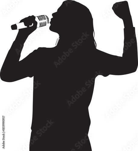 Silhouette of a person singing passionately into a microphone with a raised fist