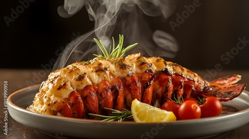 Juicy Grilled Lobster Tail with Butter Sauce and Fresh Herbs in Elegant Restaurant Food Presentation