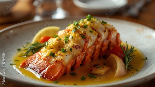 Juicy Grilled Lobster Tail with Butter Sauce and Fresh Herbs in Elegant Restaurant Food Presentation