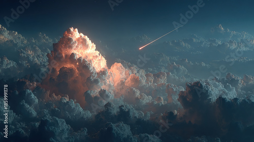 A meteor streaking through a partly cloudy sky at dusk.