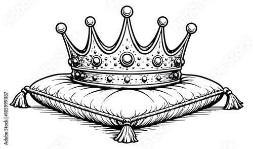 Hand drawn line art illustration of a crown on a pillow depicting royalty and power for regal themes