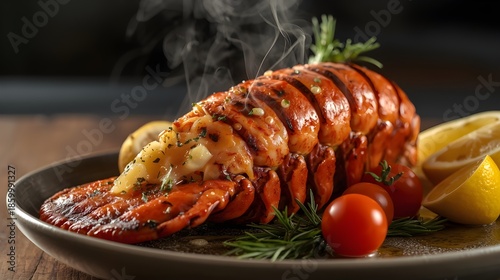 Juicy Grilled Lobster Tail with Butter Sauce and Fresh Herbs in Elegant Restaurant Food Presentation