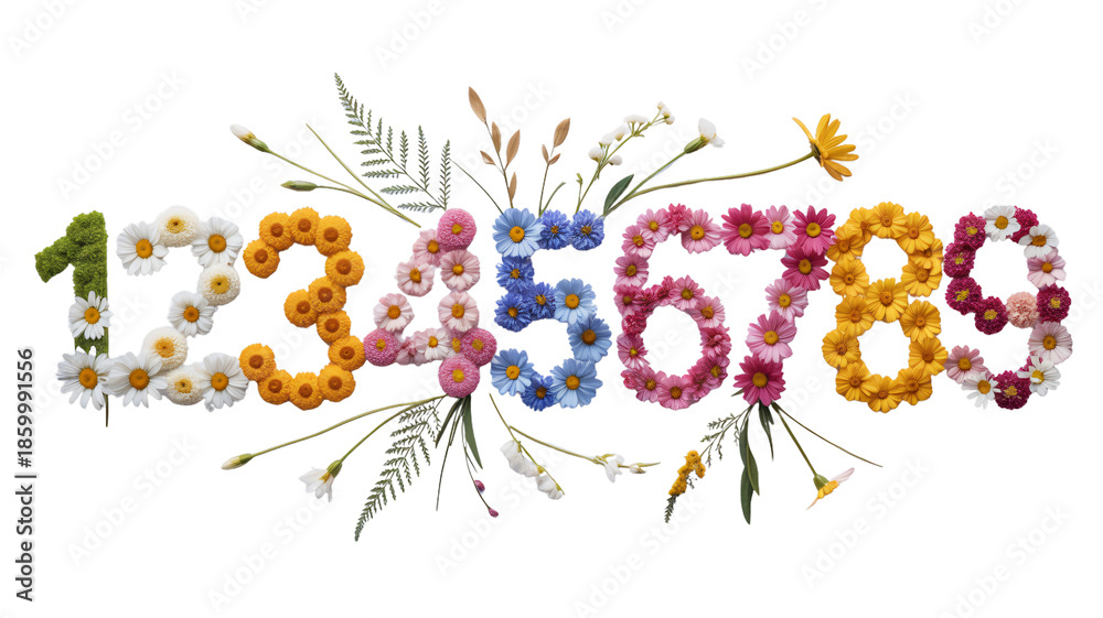 Fototapeta premium The numbers one through nine are creatively formed using colorful flower blossoms.