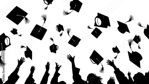 Set of flying graduation caps. Collection of students toss caps. Black white vector illustration.
