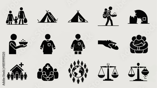 Collection of humanitarian aid and social justice icons.