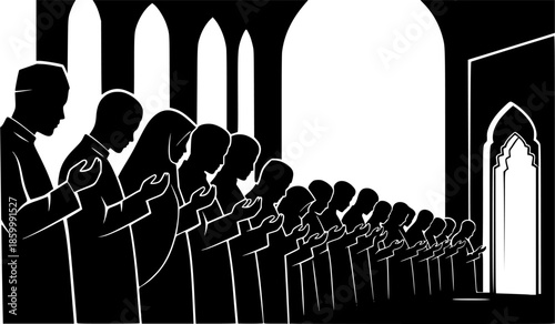 Black Vector Silhouette: Group of People Praying in Mosque A dynamic black vector silhouette depicting a group of several figures (gender-neutral or mixed) standing in rows, engaged in congregational