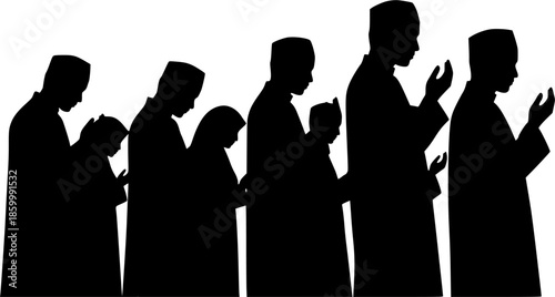 Black Vector Silhouette: Group of People Praying in Mosque A dynamic black vector silhouette depicting a group of several figures (gender-neutral or mixed) standing in rows, engaged in congregational