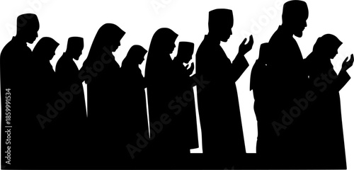 Black Vector Silhouette: Group of People Praying in Mosque A dynamic black vector silhouette depicting a group of several figures (gender-neutral or mixed) standing in rows, engaged in congregational