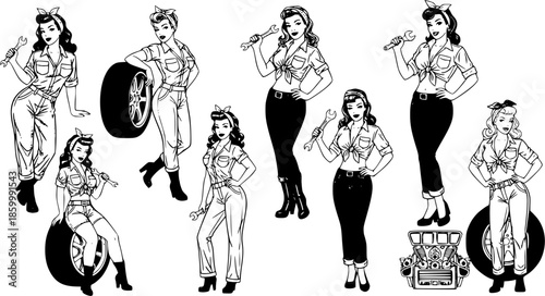 Mechanic pin-up girls collection, vintage grease-girl beauties holding wrenches, retro tough woman vector illustration set
