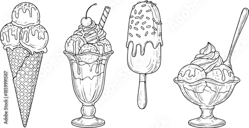 Ice cream vector sketch desserts. Hand drawn wafer cone, gelato, chocolate glazed, sundae, and ice cream served in a glass bowl. Transparent background PNG cutout