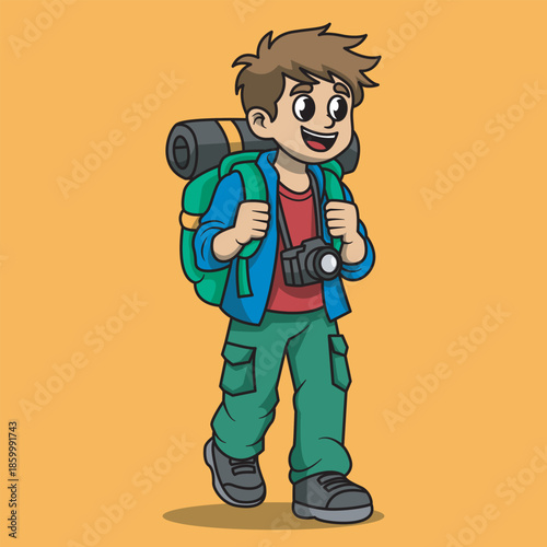 Cartoon Hiker with Backpack and Camera