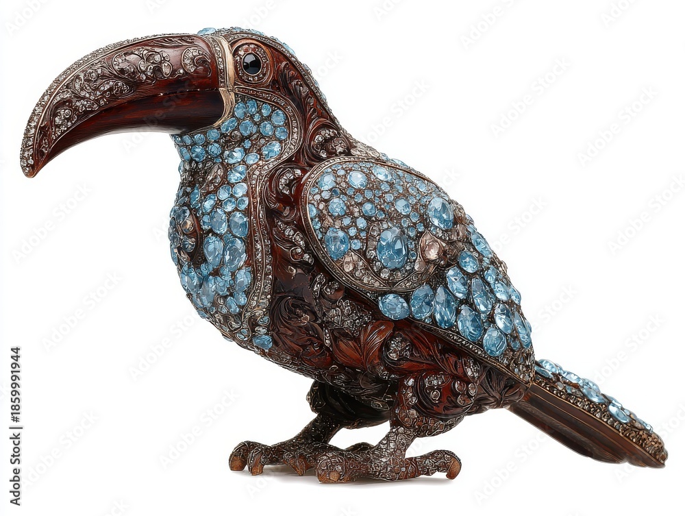Obraz premium Detailed Toucan Figurine Adorned with Blue and Brown Gemstones Isolated on White Studio Background