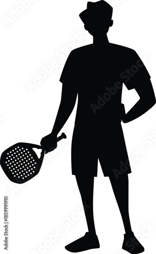 Black silhouette of a man in shorts and a T-shirt holding a racket.